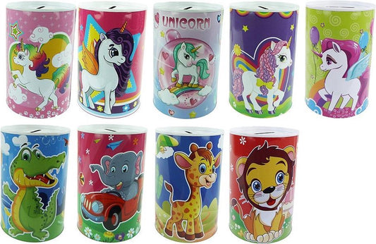 Tinnen spaarblik - Eenhoorn en babydieren - 10 varianten